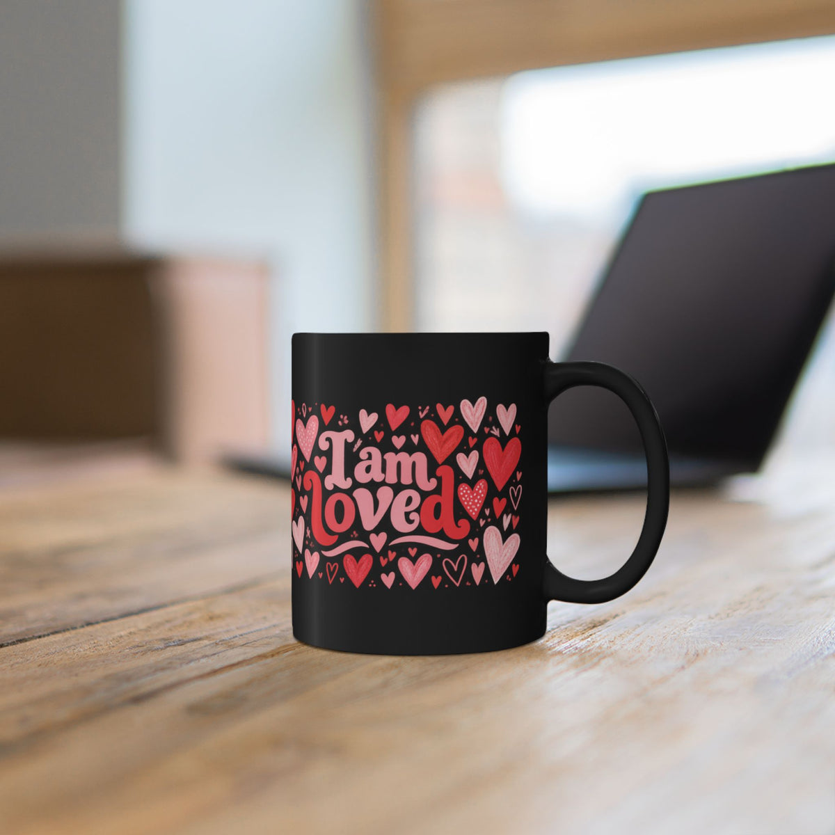 'I Am Loved' Heart Pattern Black Mug — Valentine's & Self-Love Coffee Cup (11oz, 15oz)