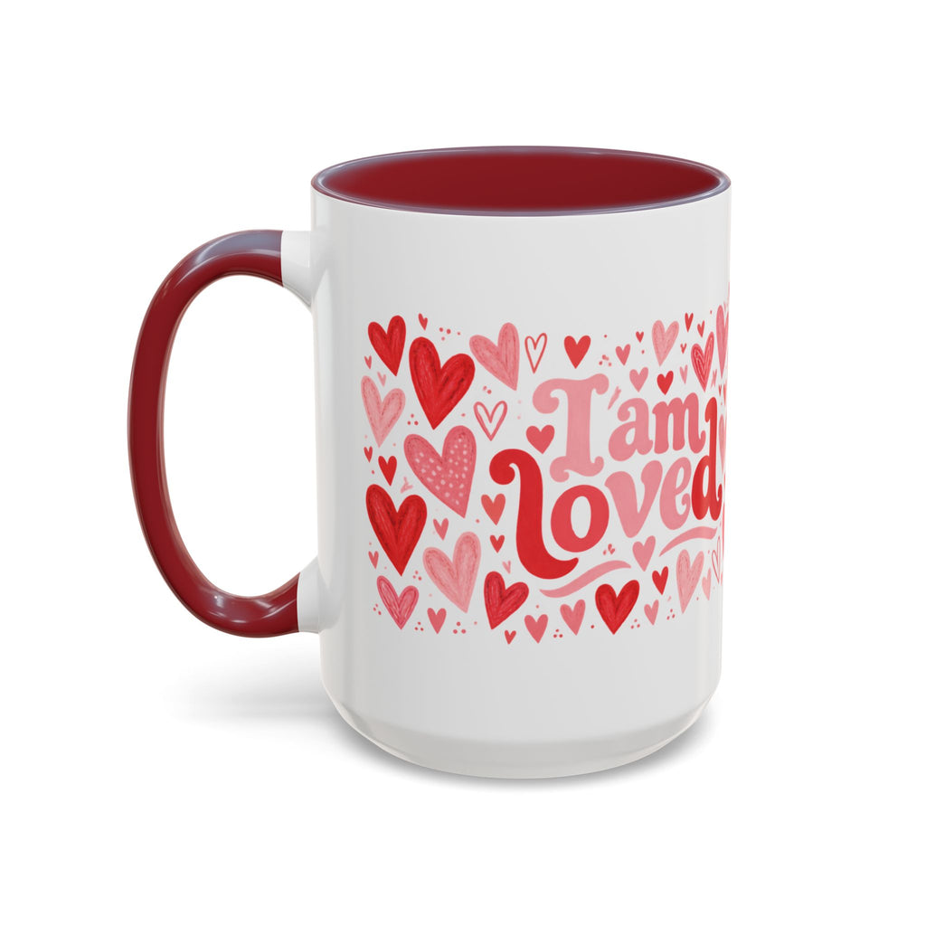 I Am Loved Heart Pattern Accent Coffee Mug – Valentine’s Day Gift