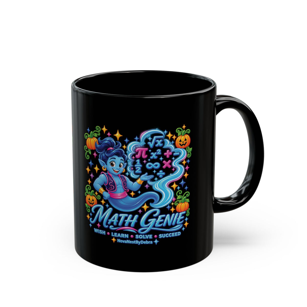 Math Genie Black Mug — Halloween Teacher Gift, Learn Solve Succeed Coffee Cup