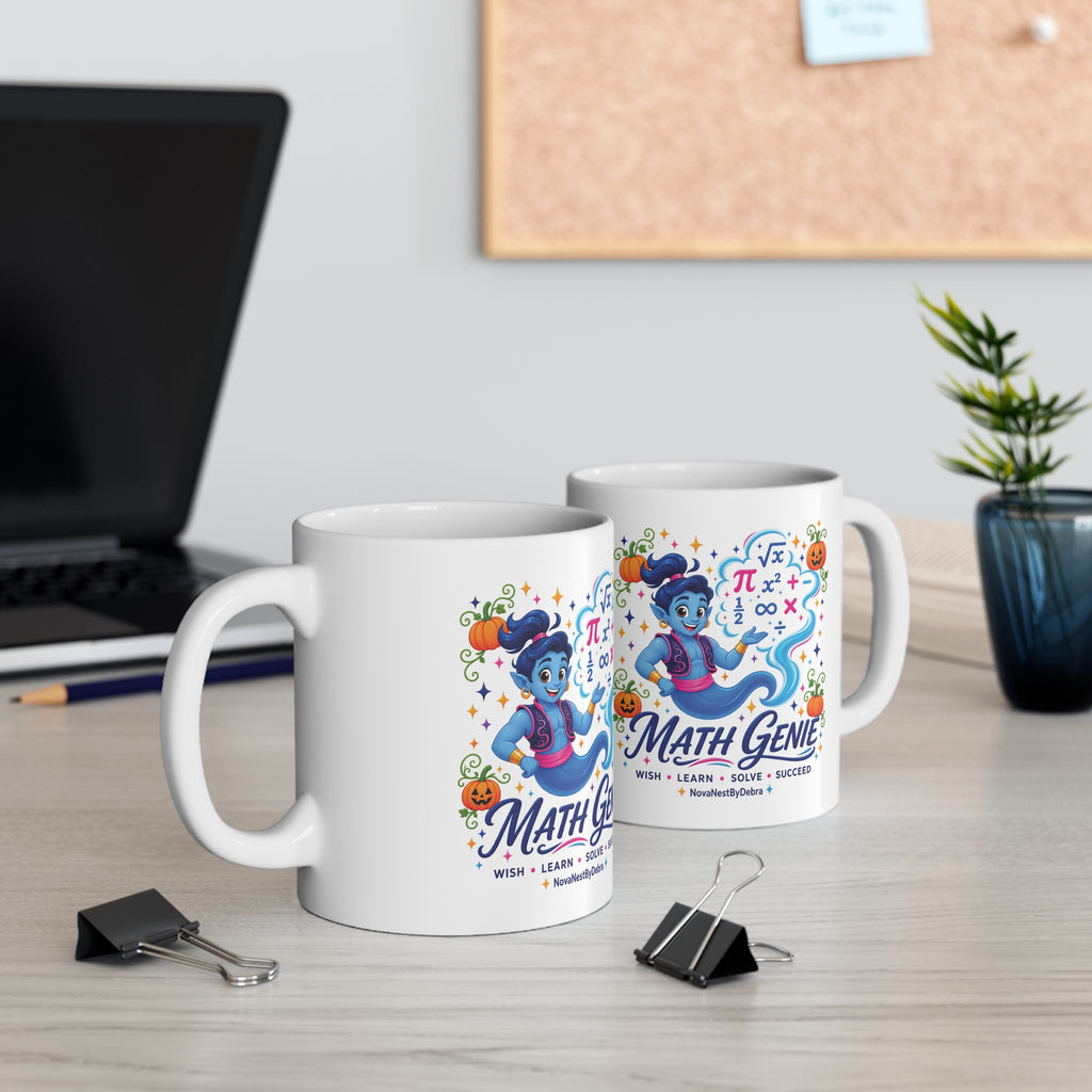 Math Genie Mug — Halloween Math Teacher Coffee Cup (Wish, Learn, Solve)