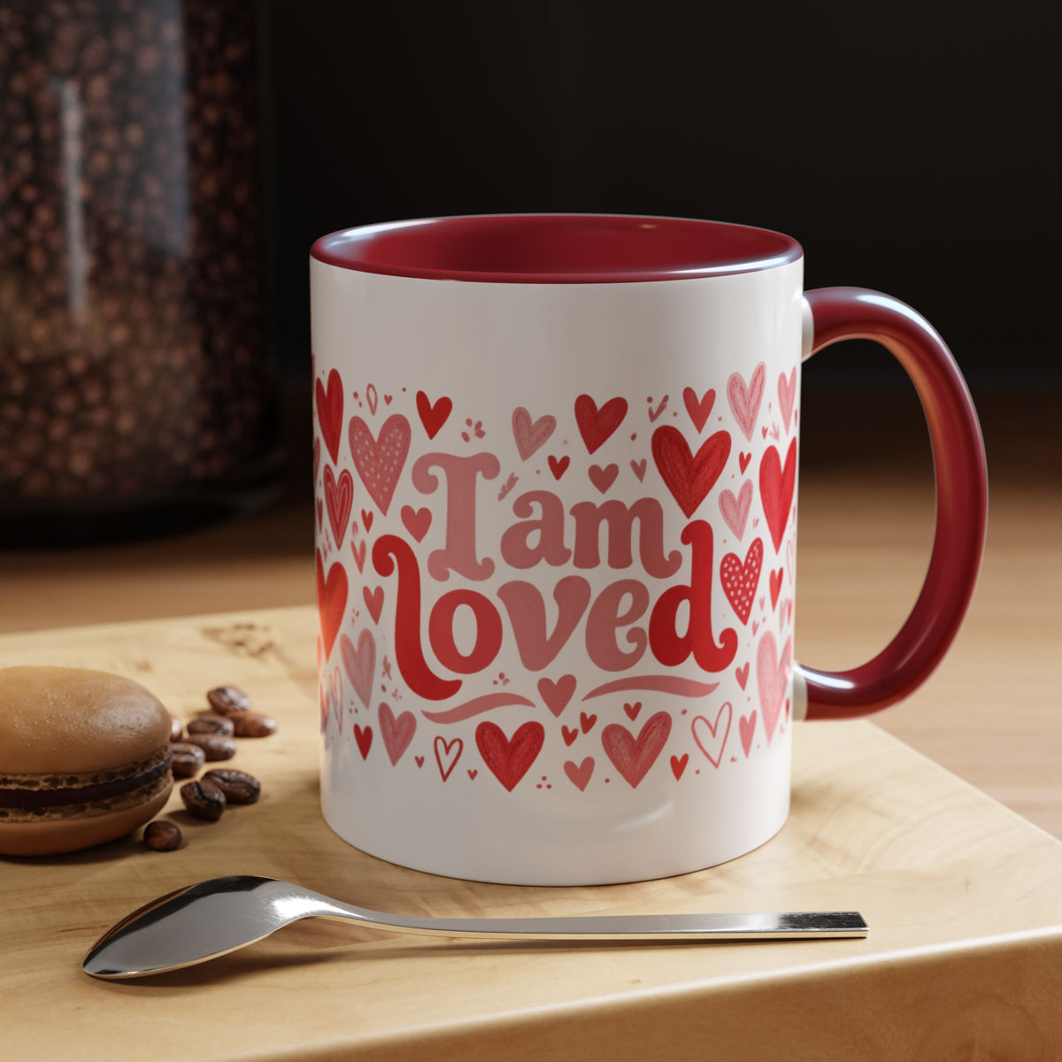 I Am Loved Heart Pattern Accent Coffee Mug – Valentine’s Day Gift