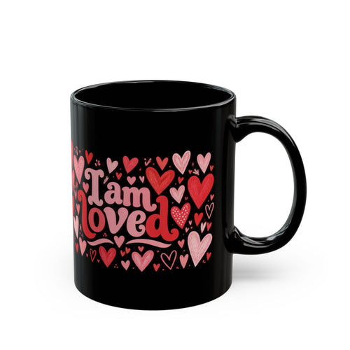 'I Am Loved' Heart Pattern Black Mug — Valentine's & Self-Love Coffee Cup (11oz, 15oz)