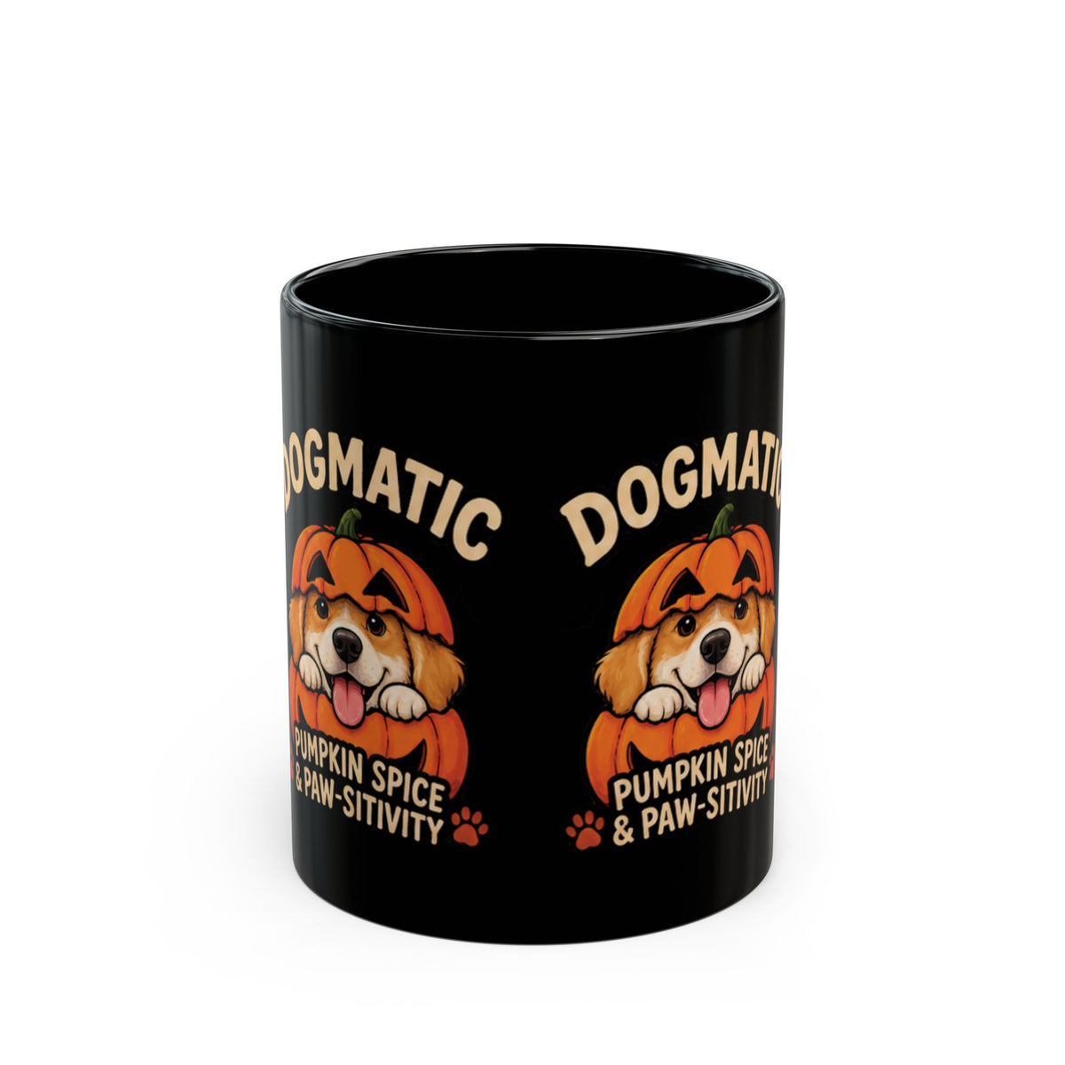 Dogmatic Pumpkin Spice Black Mug — Cute Pup Halloween Coffee Cup (11oz, 15oz)