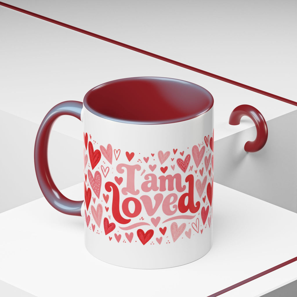 I Am Loved Heart Pattern Accent Coffee Mug – Valentine’s Day Gift