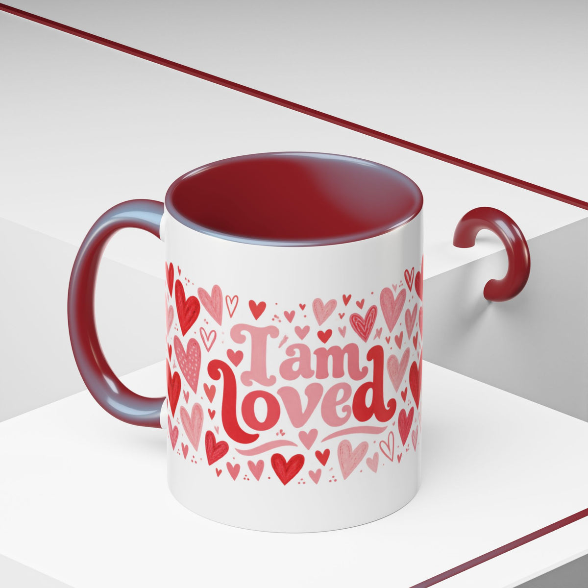 I Am Loved Heart Pattern Accent Coffee Mug – Valentine’s Day Gift