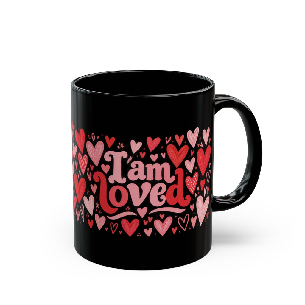 'I Am Loved' Heart Pattern Black Mug — Valentine's & Self-Love Coffee Cup (11oz, 15oz)