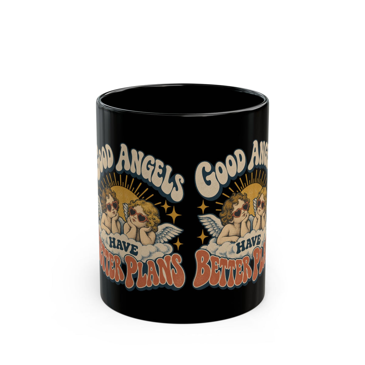 Good Angels Have Better Plans Black Mug — Retro Cherub Coffee Cup (11oz/15oz)