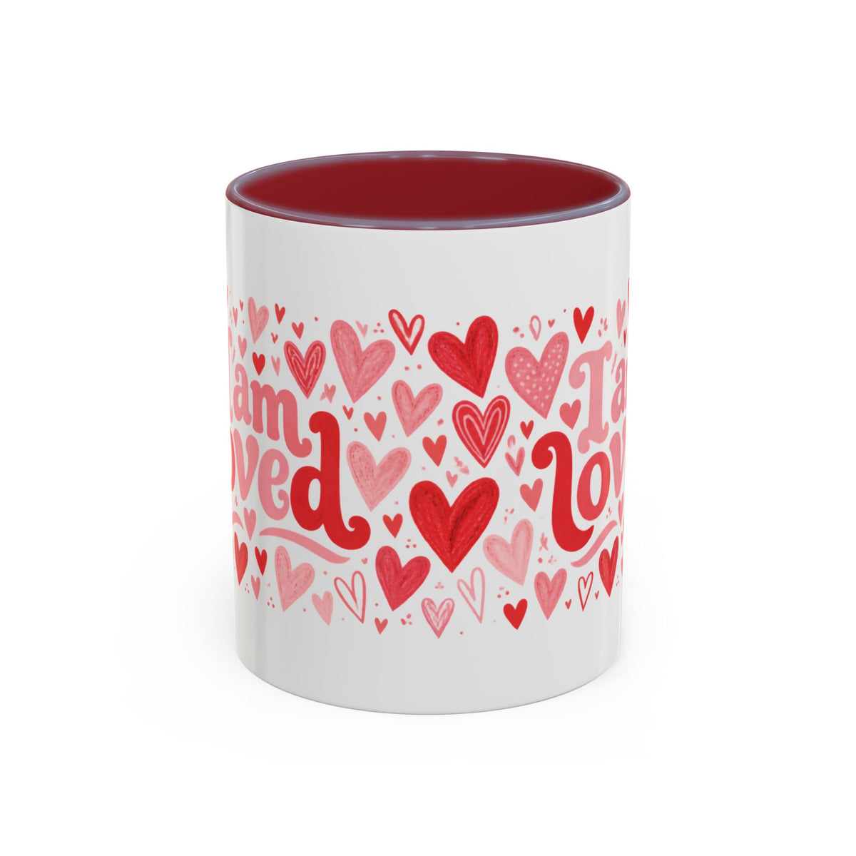 I Am Loved Heart Pattern Accent Coffee Mug – Valentine’s Day Gift