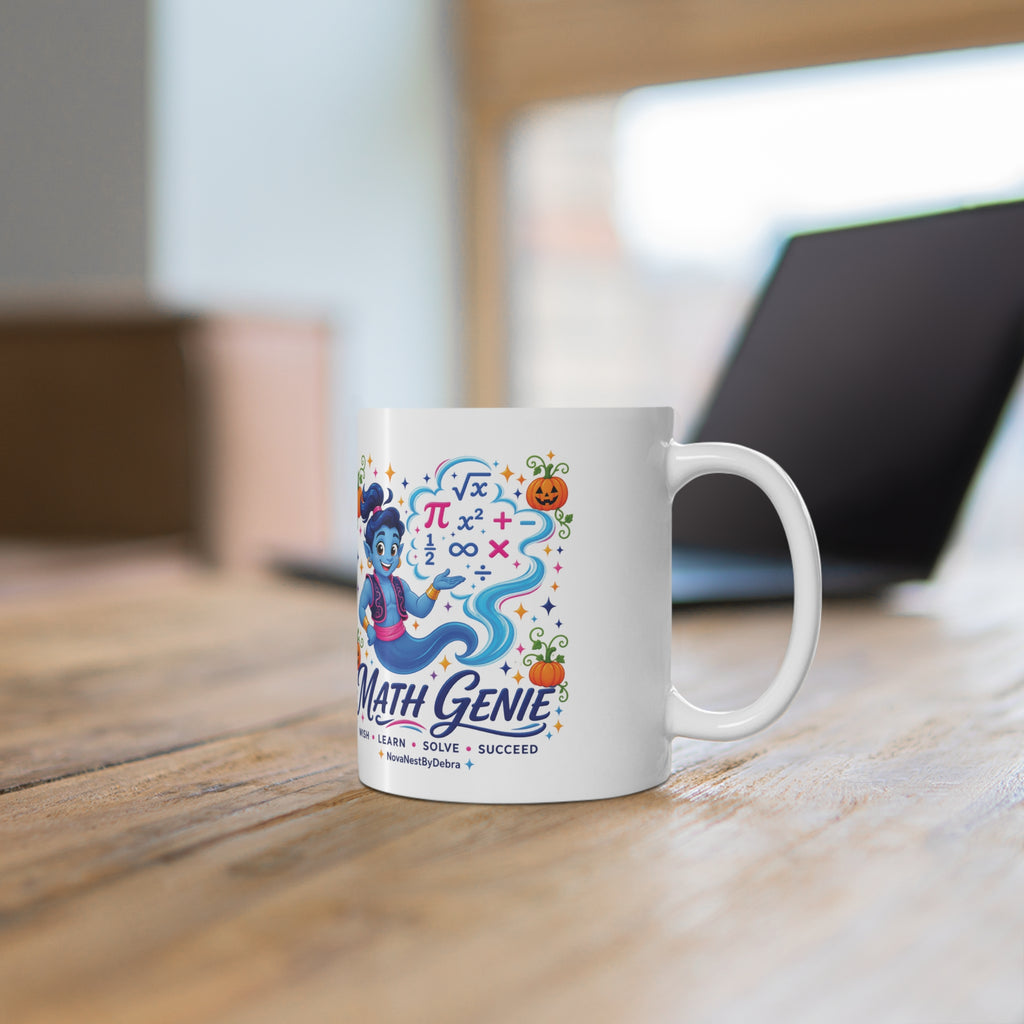Math Genie Mug — Halloween Math Teacher Coffee Cup (Wish, Learn, Solve)