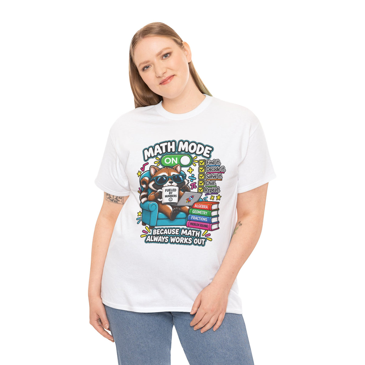 Math Mode On T-Shirt — Cute Raccoon Studying Math Tee (Because Math Always Works Out)