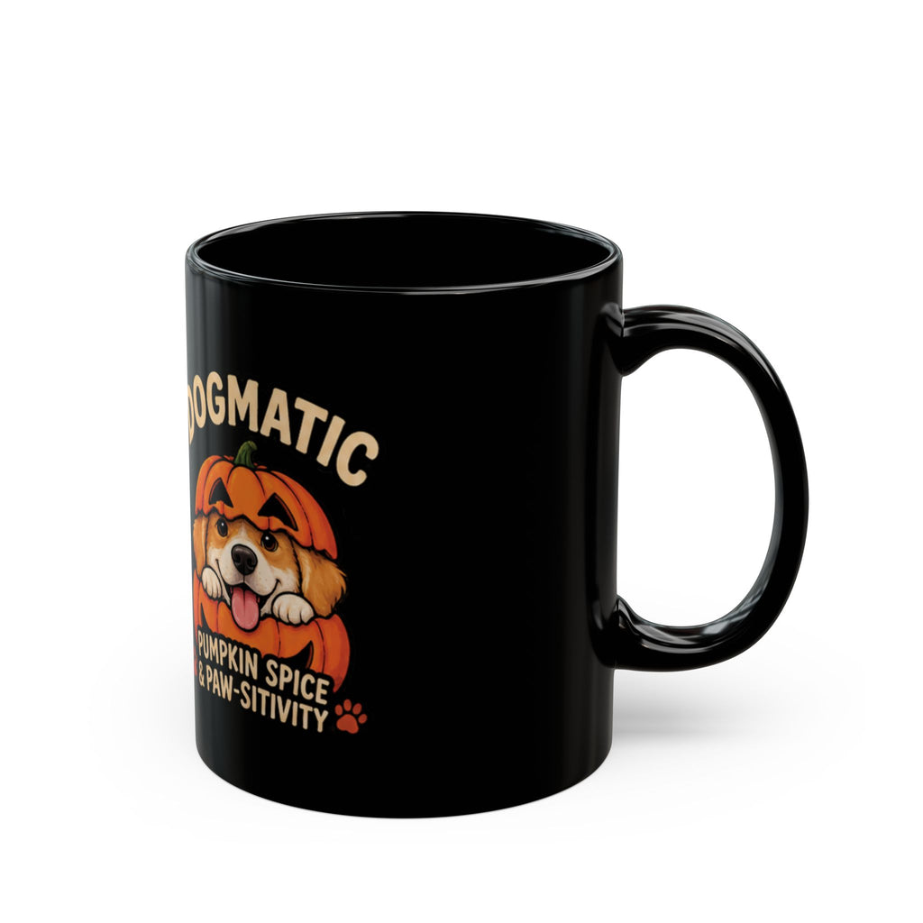 Dogmatic Pumpkin Spice Black Mug — Cute Pup Halloween Coffee Cup (11oz, 15oz)