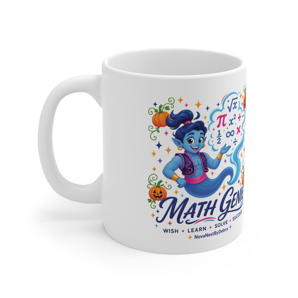 Math Genie Mug — Halloween Math Teacher Coffee Cup (Wish, Learn, Solve)
