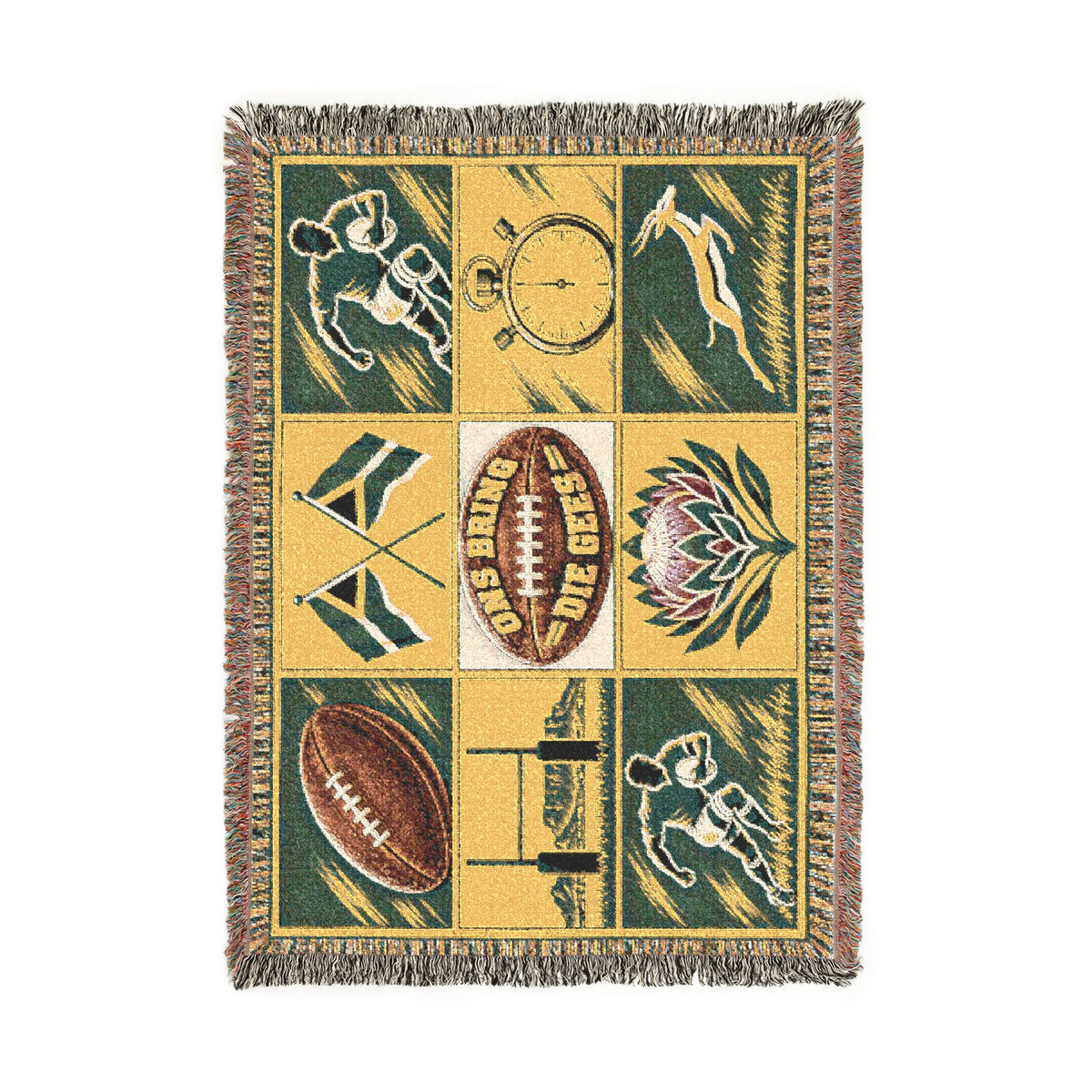 Football Mosaic Woven Blanket — Vintage Game Day Throw with Stopwatch & Goal Imagery