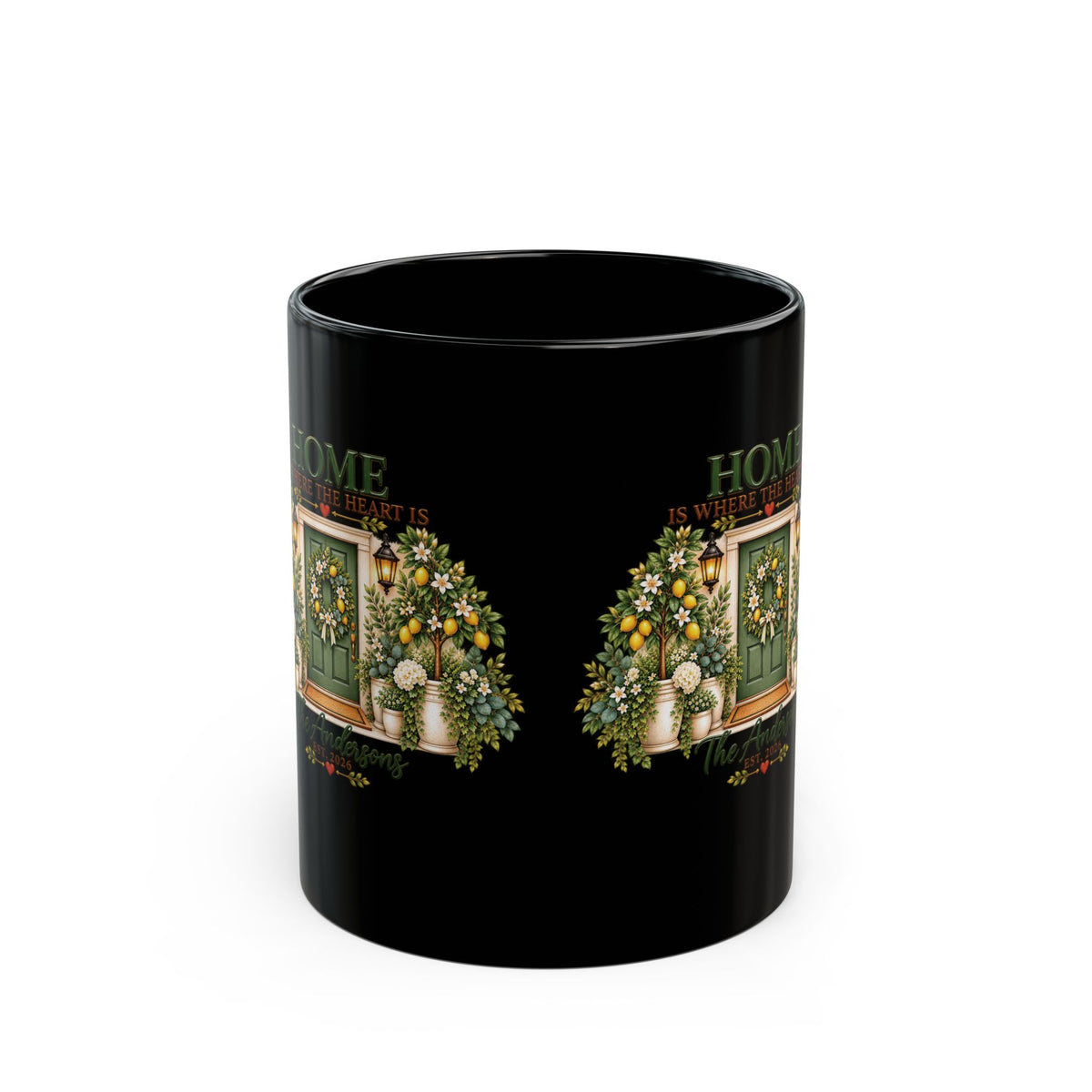 Home Is Where The Heart Is Coffee Mug — Floral Door 11oz Black Ceramic