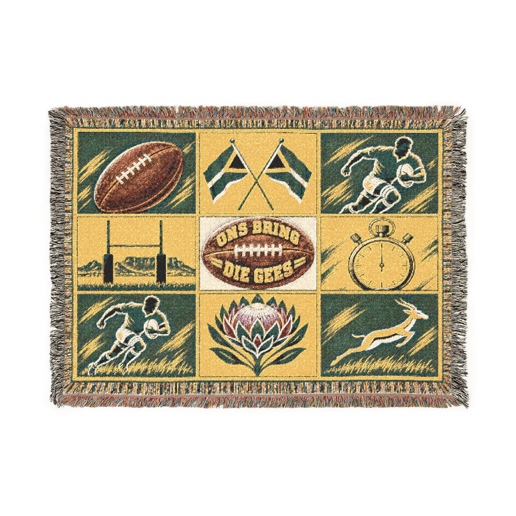 Football Mosaic Woven Blanket — Vintage Game Day Throw with Stopwatch & Goal Imagery