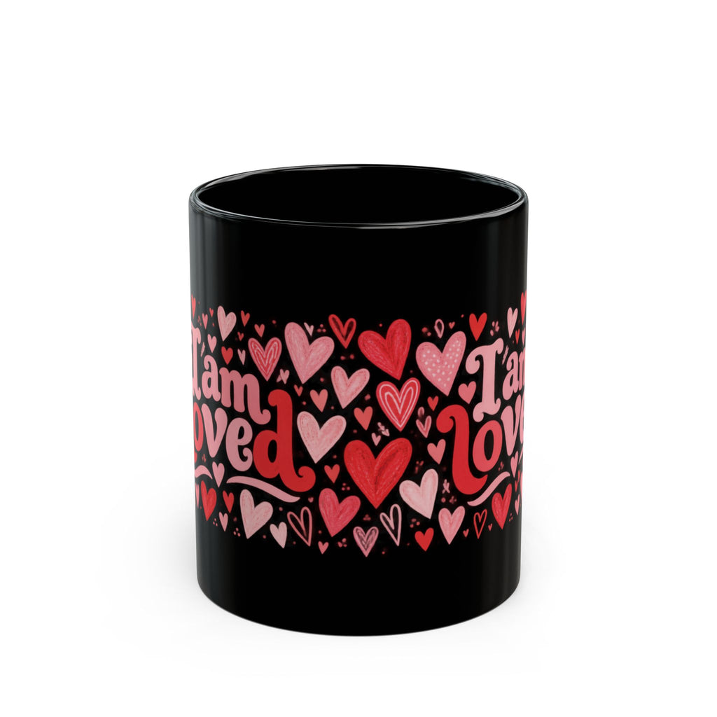 'I Am Loved' Heart Pattern Black Mug — Valentine's & Self-Love Coffee Cup (11oz, 15oz)