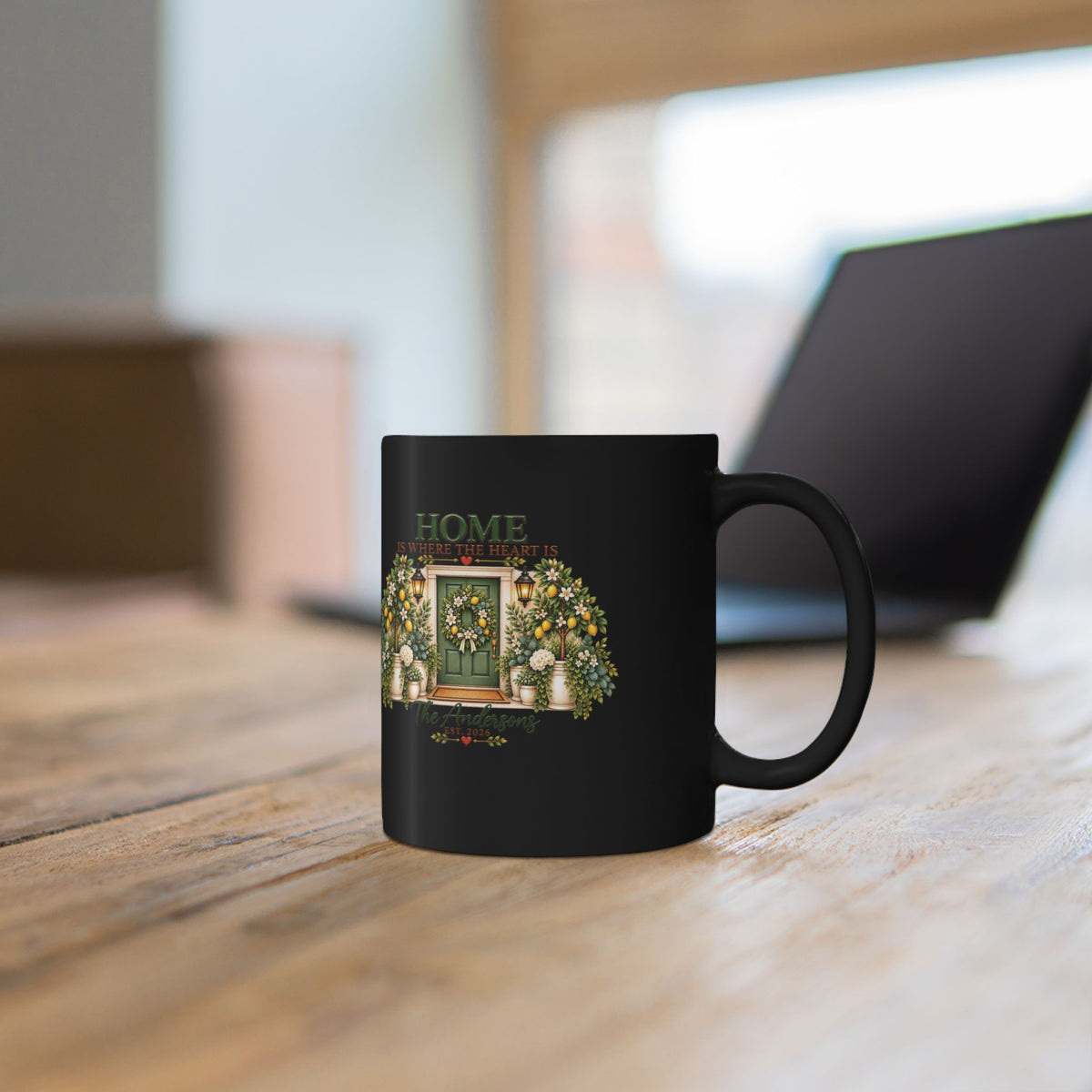 Home Is Where The Heart Is Coffee Mug — Floral Door 11oz Black Ceramic