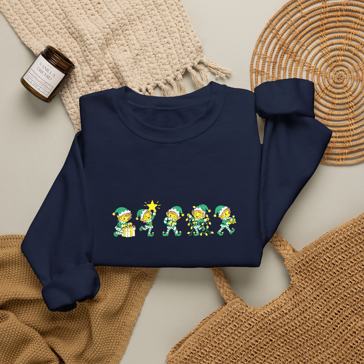 Embroidered Christmas Elves Sweatshirt, Unisex Christmas Tree Crewneck, Festive Gift
