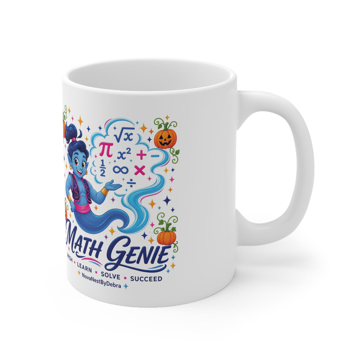 Math Genie Mug — Halloween Math Teacher Coffee Cup (Wish, Learn, Solve)