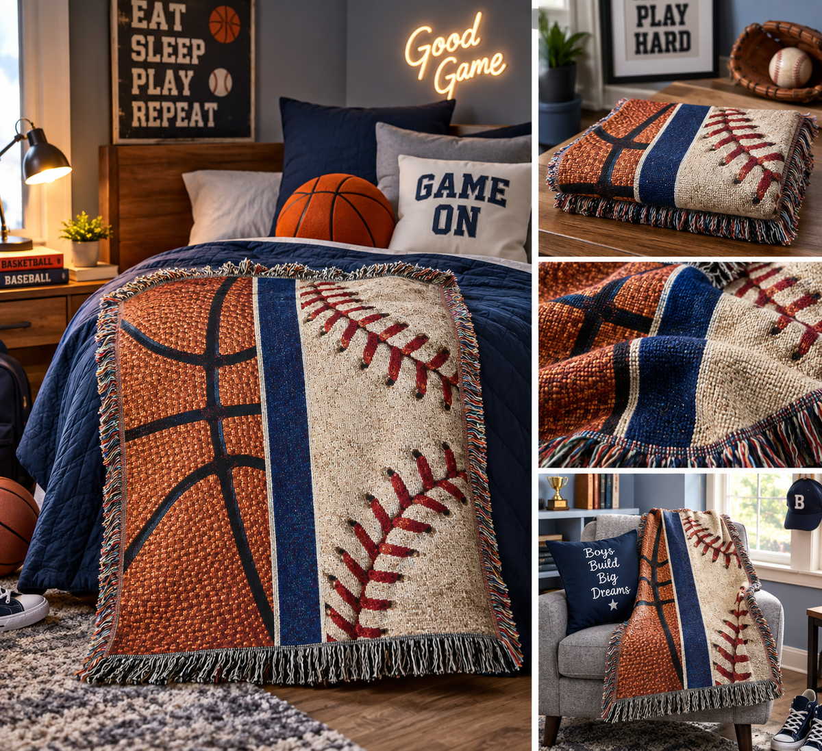 Sports Ball Woven Blanket — Basketball & Baseball Throw for Fans, Game-Day Cozy Gift