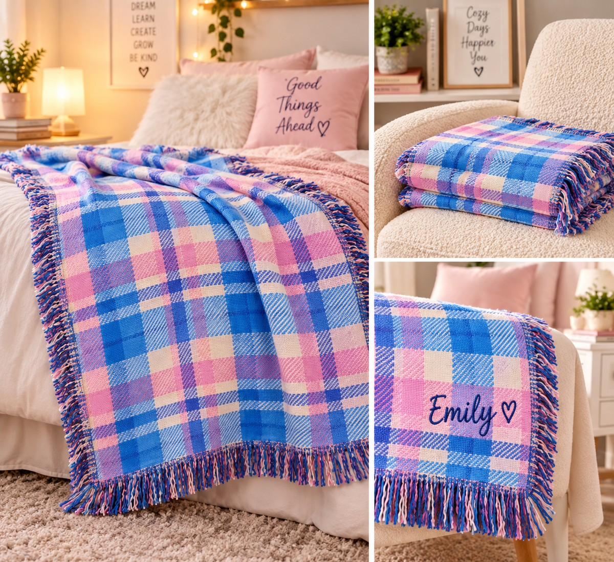 Plaid Sherpa Fleece Blanket — Cozy Pink & Blue Throw for Home, Gift, and Chill Nights