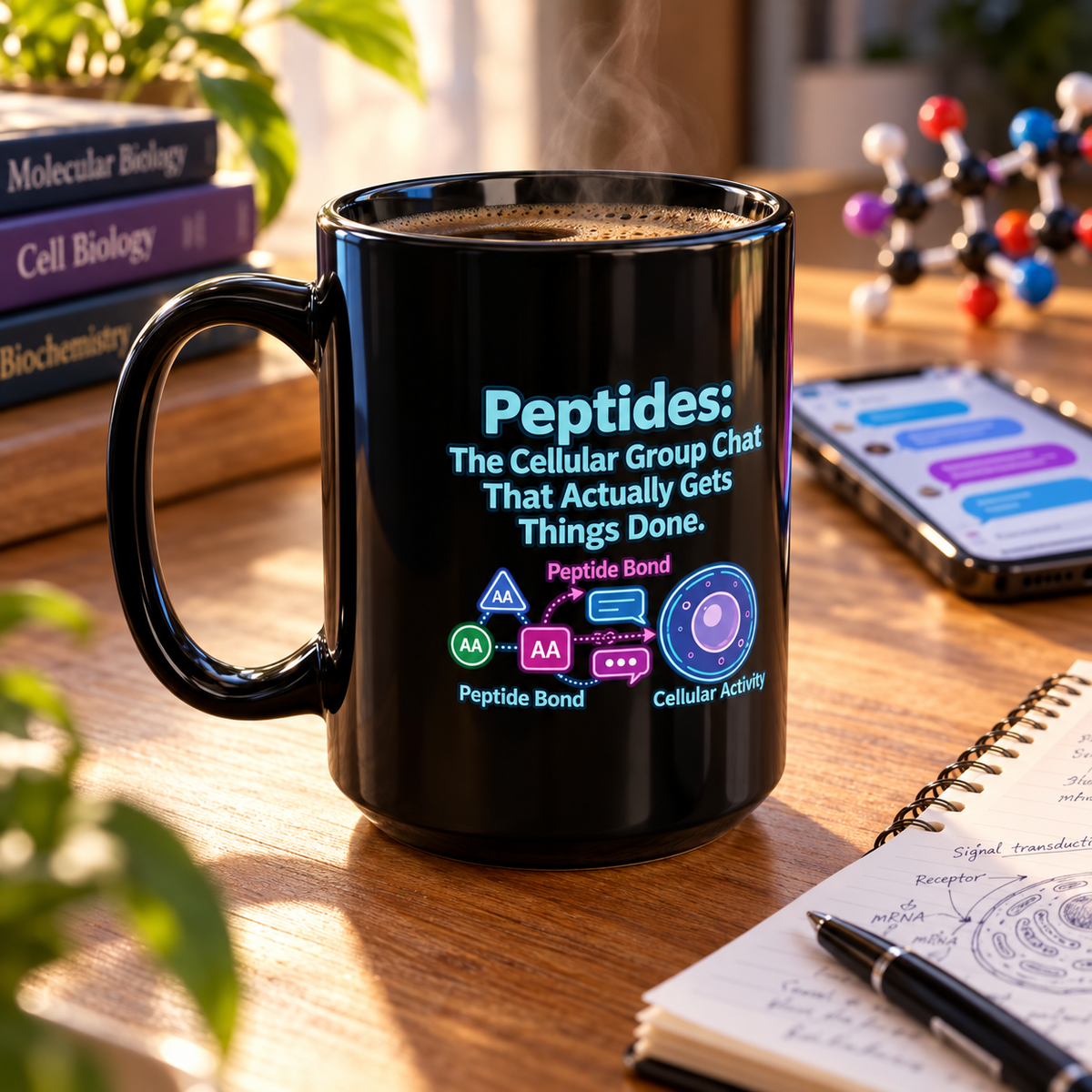 Peptides: The Cellular Group Chat That Actually Gets Things Done Diagram Mug — Neon Biology Coffee Cup (15oz) only