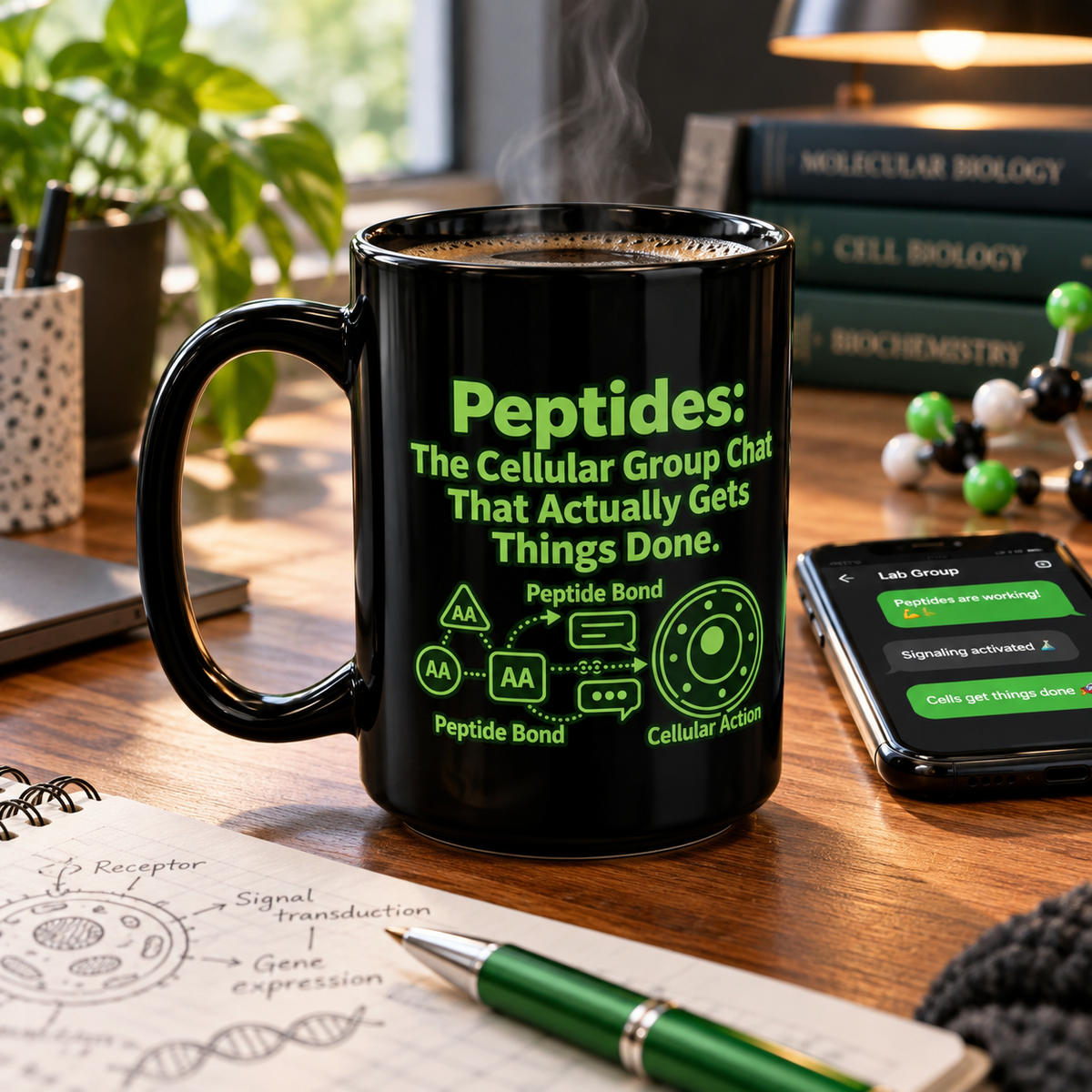 Peptides: The Cellular Group Chat That Actually Gets Things Done Mug — Neon Green Science Illustration (15oz) only