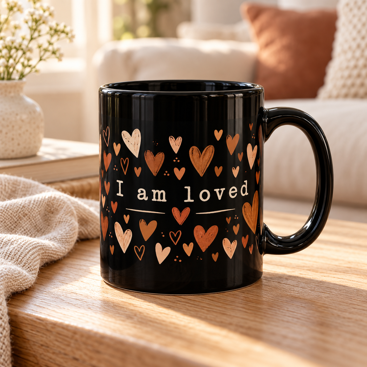 I Am Loved Black Ceramic Mug — 11oz/15oz Heart Pattern Gift for Loved Ones