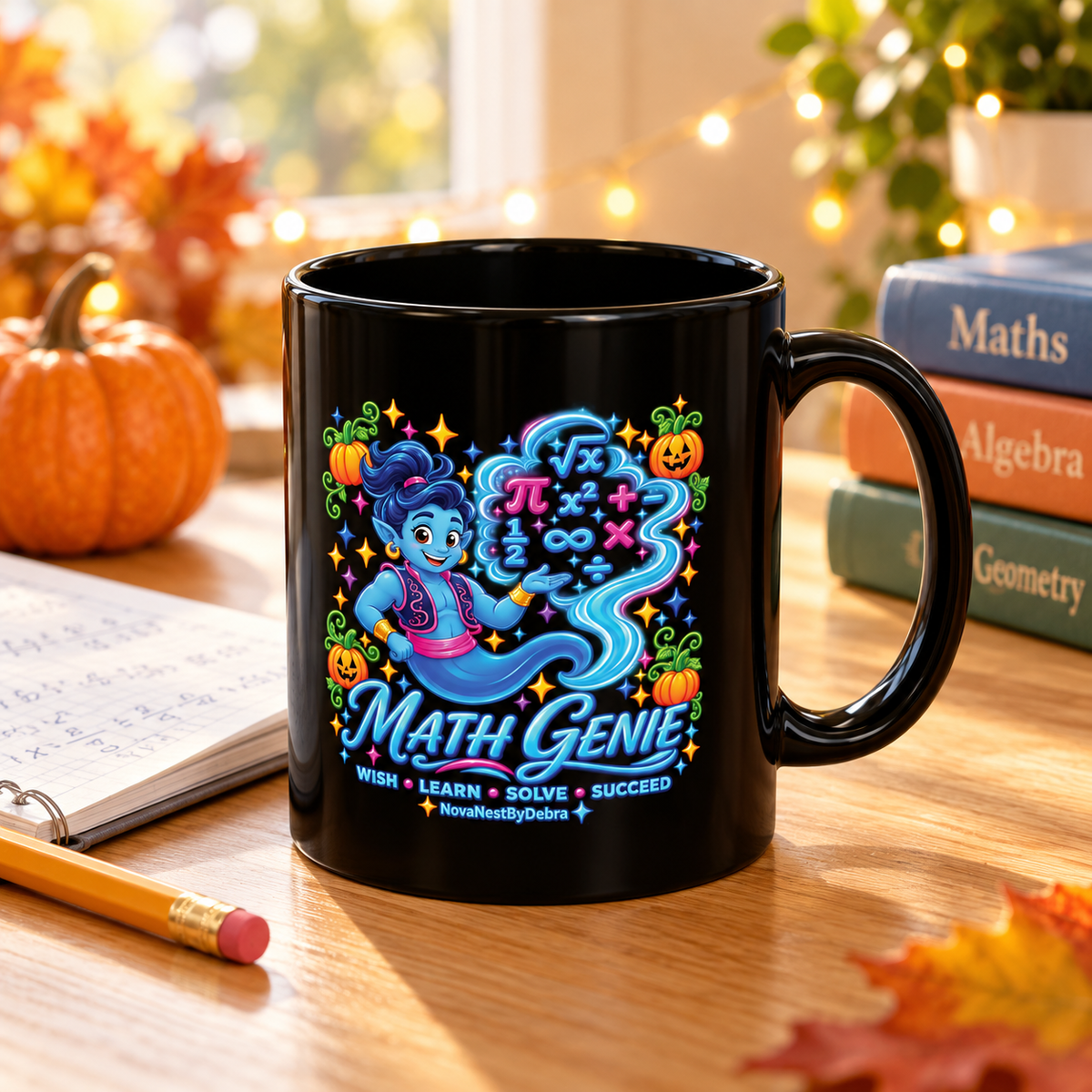 Math Genie Black Mug — Cute Halloween STEM Coffee Cup (11oz/15oz)