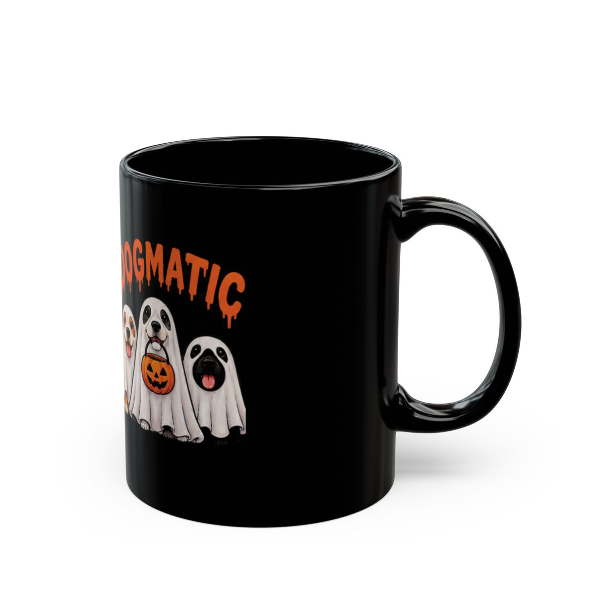 Halloween Dog Ghosts Mug – "Dogmatic" Cute Spooky Pup Coffee Cup (11oz/15oz)