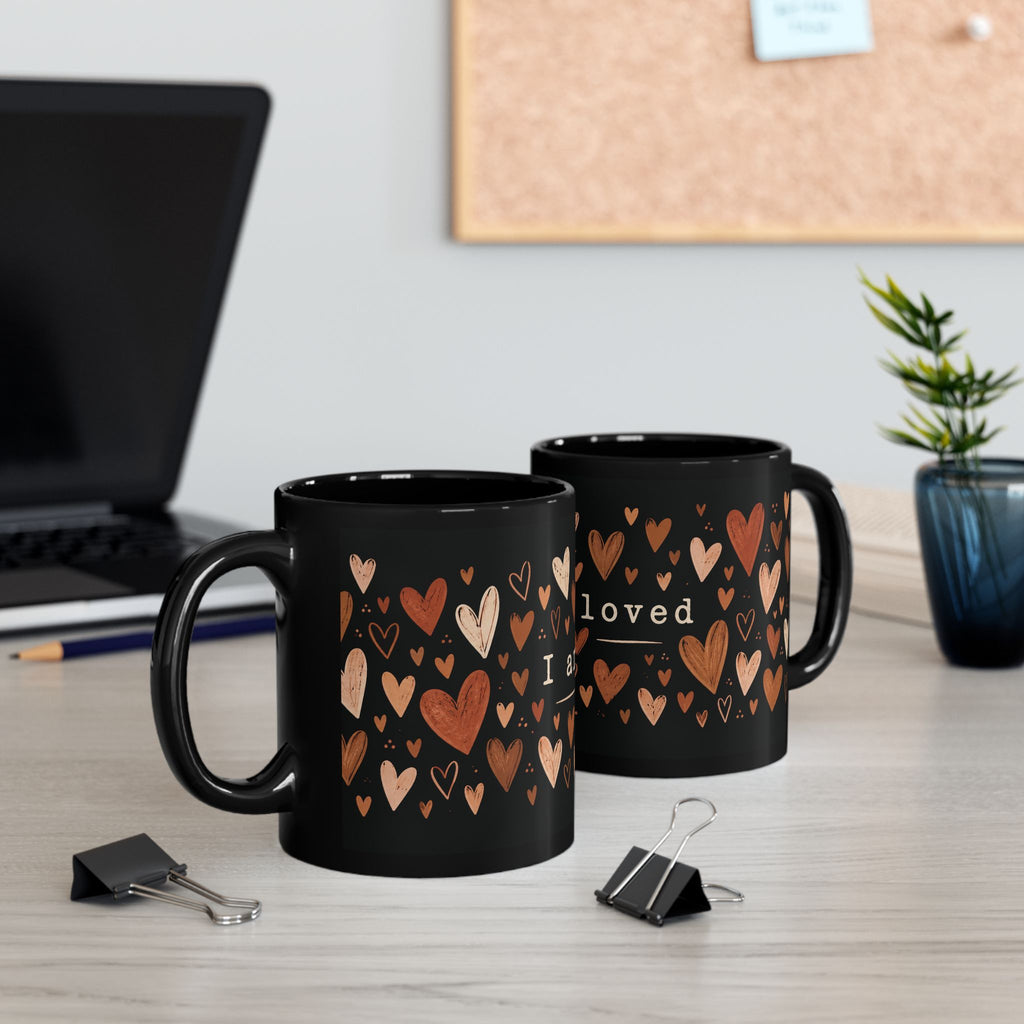 I Am Loved Black Ceramic Mug — 11oz/15oz Heart Pattern Gift for Loved Ones