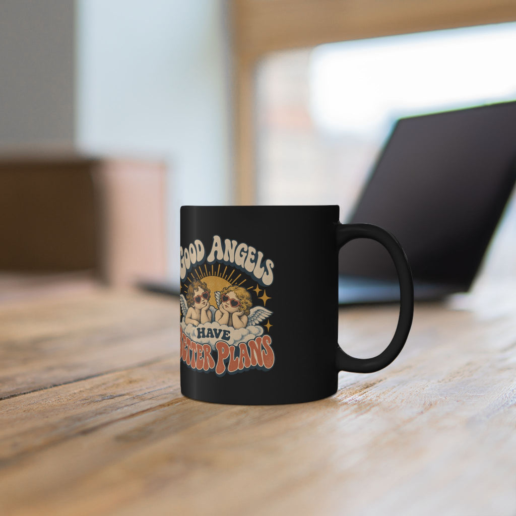 Good Angels Have Better Plans Black Mug — Retro Cherub Coffee Cup (11oz/15oz)