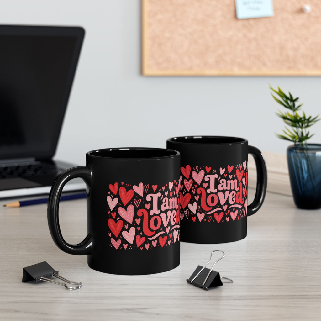 'I Am Loved' Heart Pattern Black Mug — Valentine's & Self-Love Coffee Cup (11oz, 15oz)