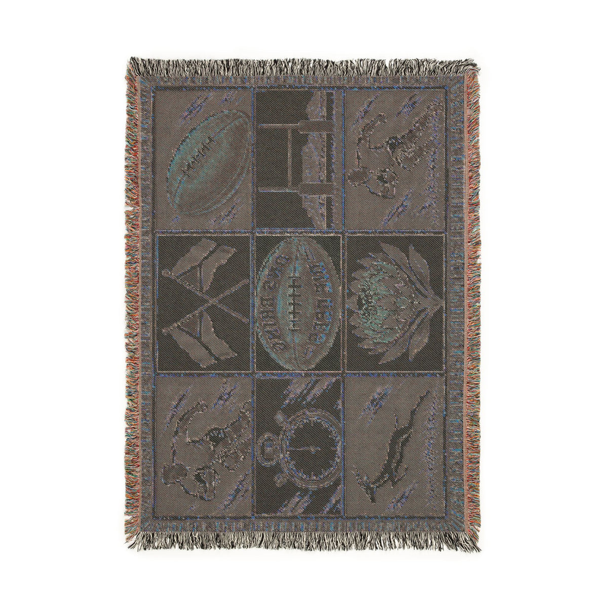 Football Mosaic Woven Blanket — Vintage Game Day Throw with Stopwatch & Goal Imagery