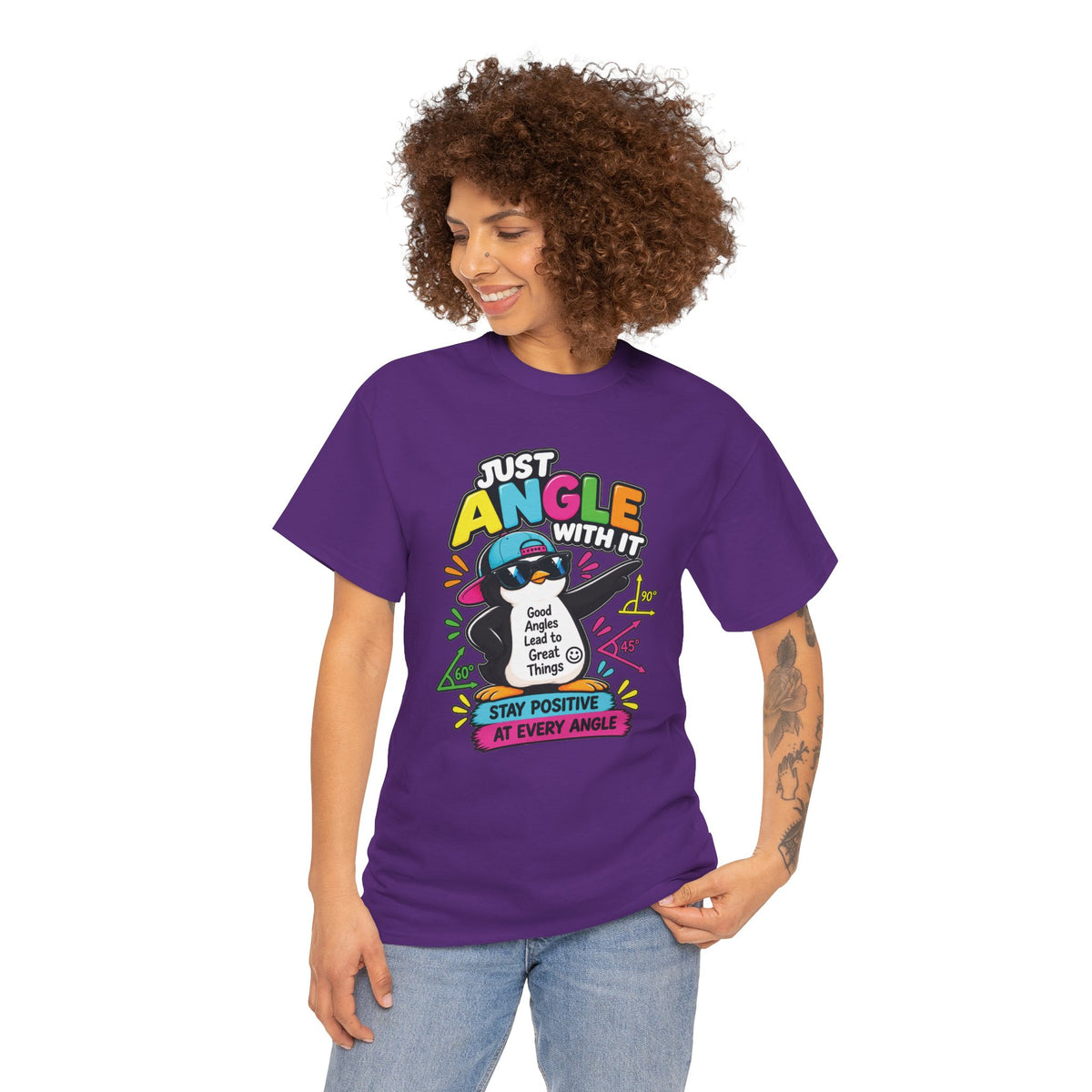 Just Angle With It Penguin Tee — "Stay Positive At Every Angle" Graphic T-Shirt