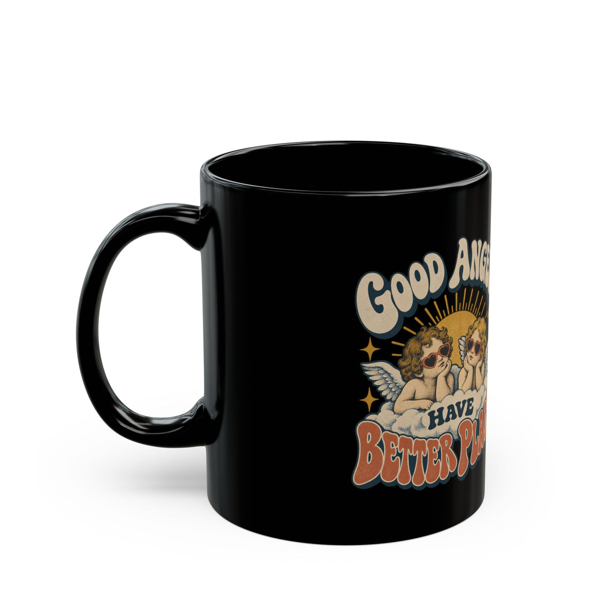 Good Angels Have Better Plans Black Mug — Retro Cherub Coffee Cup (11oz/15oz)