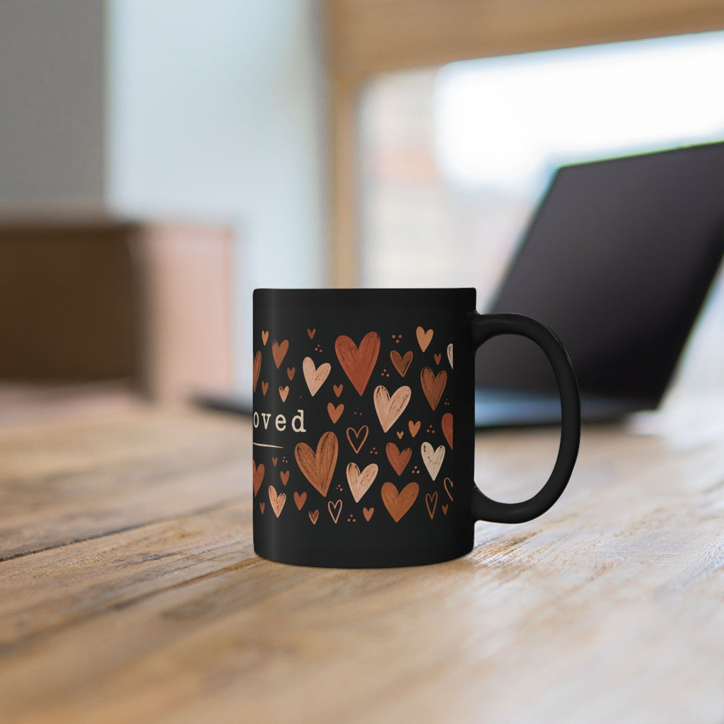 I Am Loved Black Ceramic Mug — 11oz/15oz Heart Pattern Gift for Loved Ones