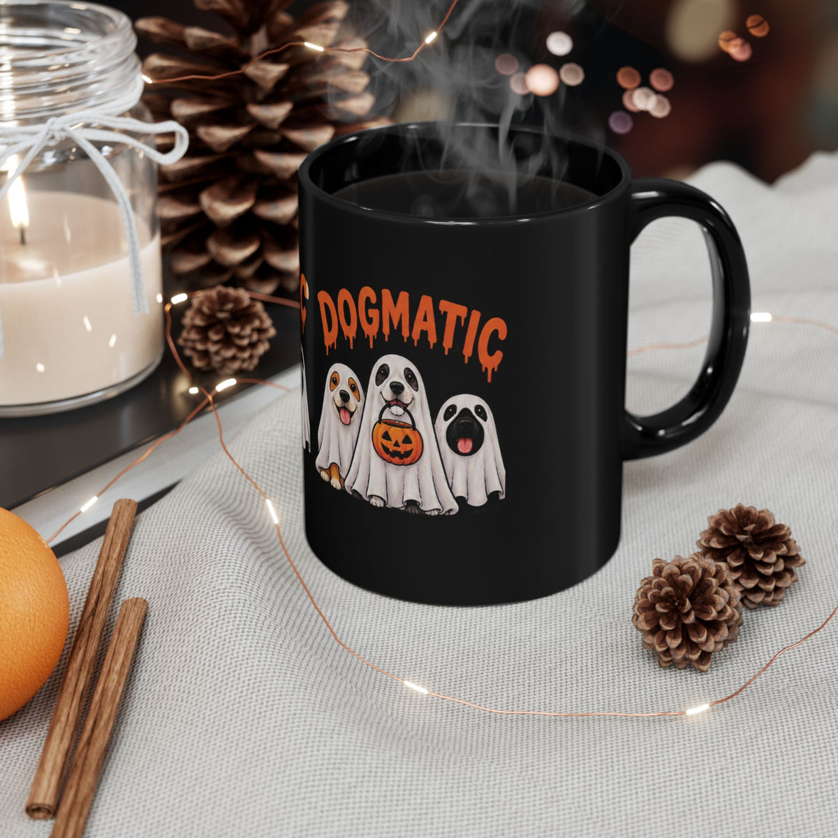 Halloween Dog Ghosts Mug – "Dogmatic" Cute Spooky Pup Coffee Cup (11oz/15oz)
