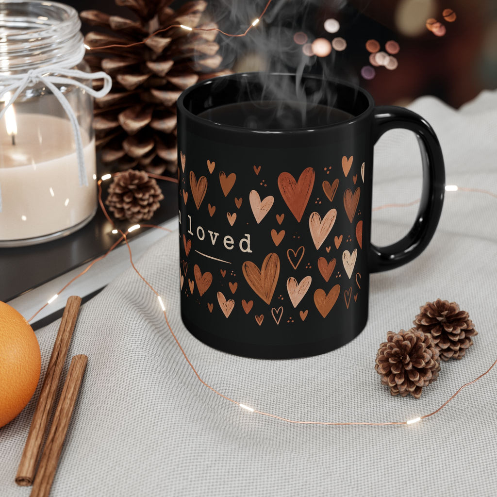 I Am Loved Black Ceramic Mug — 11oz/15oz Heart Pattern Gift for Loved Ones