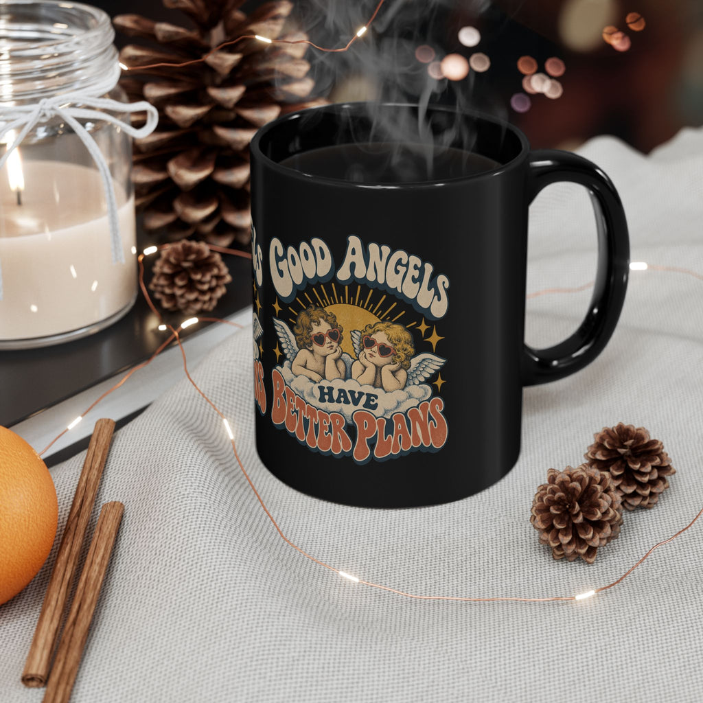 Good Angels Have Better Plans Black Mug — Retro Cherub Coffee Cup (11oz/15oz)