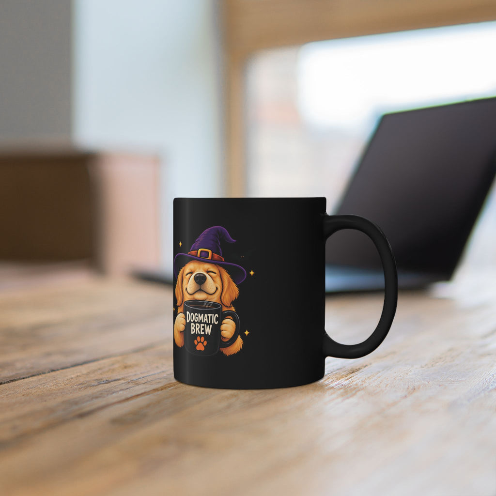 Dogmatic Brew Witch Dog Mug — Halloween Golden Retriever Coffee Cup (11oz/15oz)