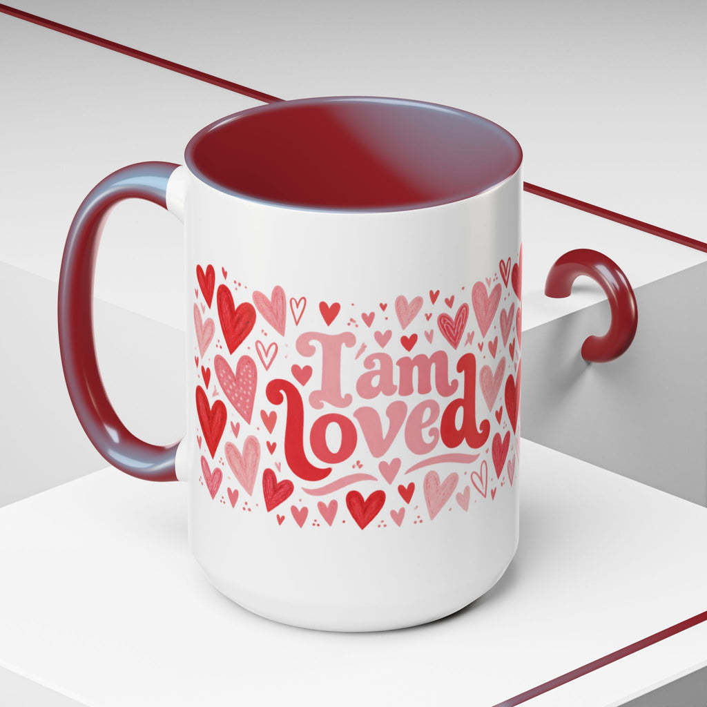 I Am Loved Heart Pattern Accent Coffee Mug – Valentine’s Day Gift