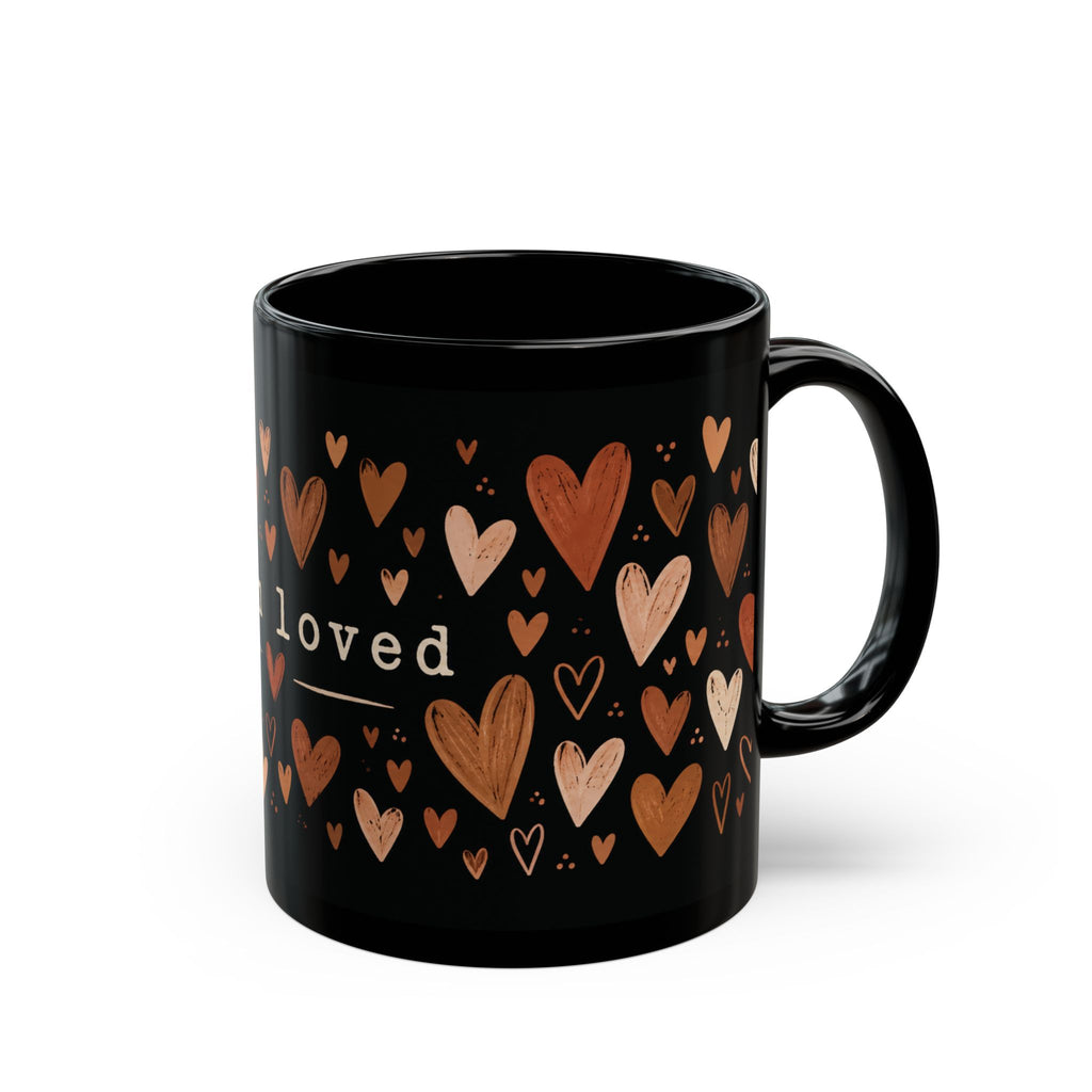 I Am Loved Black Ceramic Mug — 11oz/15oz Heart Pattern Gift for Loved Ones