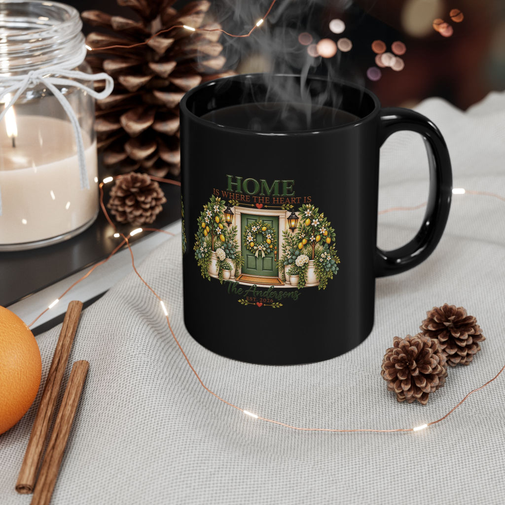 Home Is Where The Heart Is Coffee Mug — Floral Door 11oz Black Ceramic