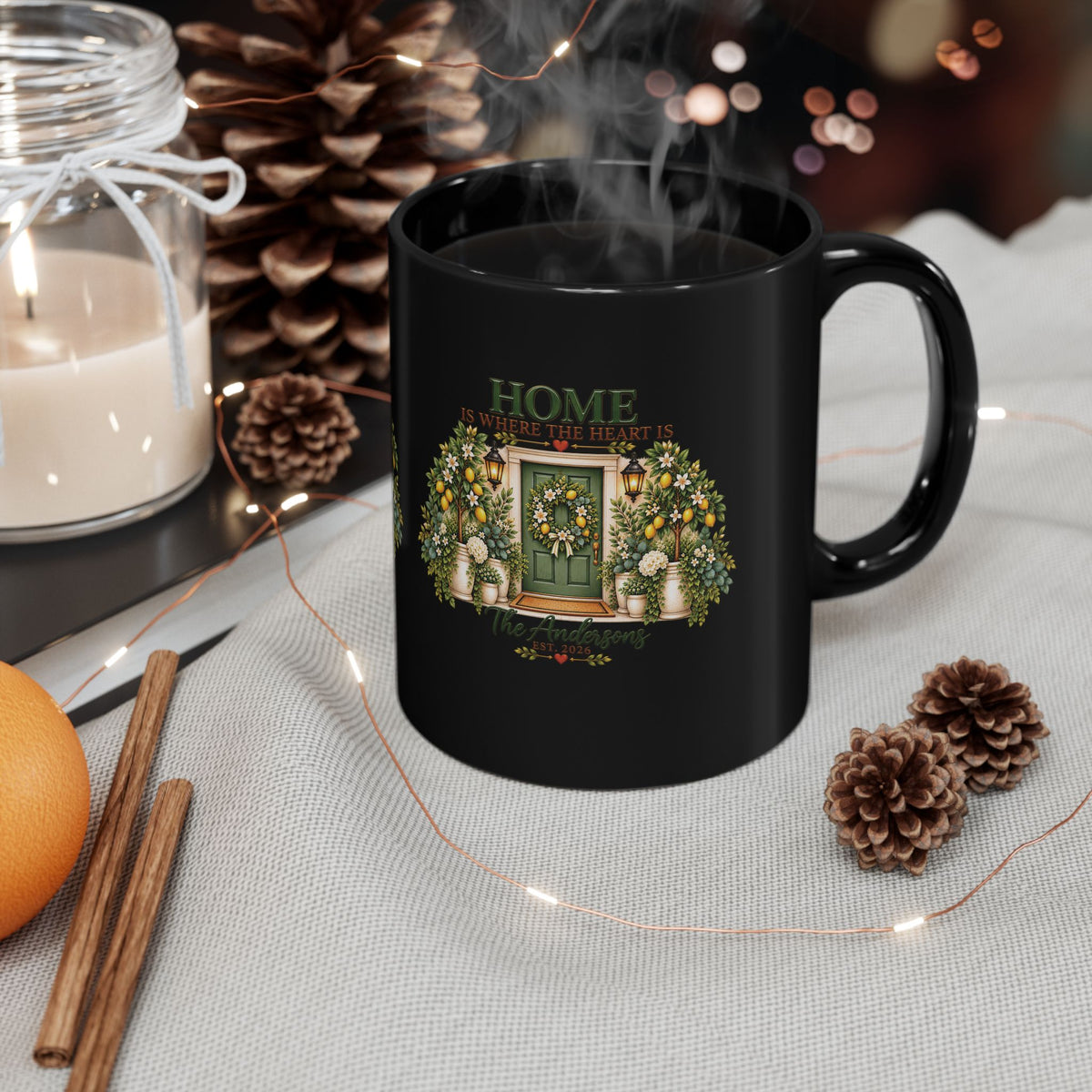 Home Is Where The Heart Is Coffee Mug — Floral Door 11oz Black Ceramic