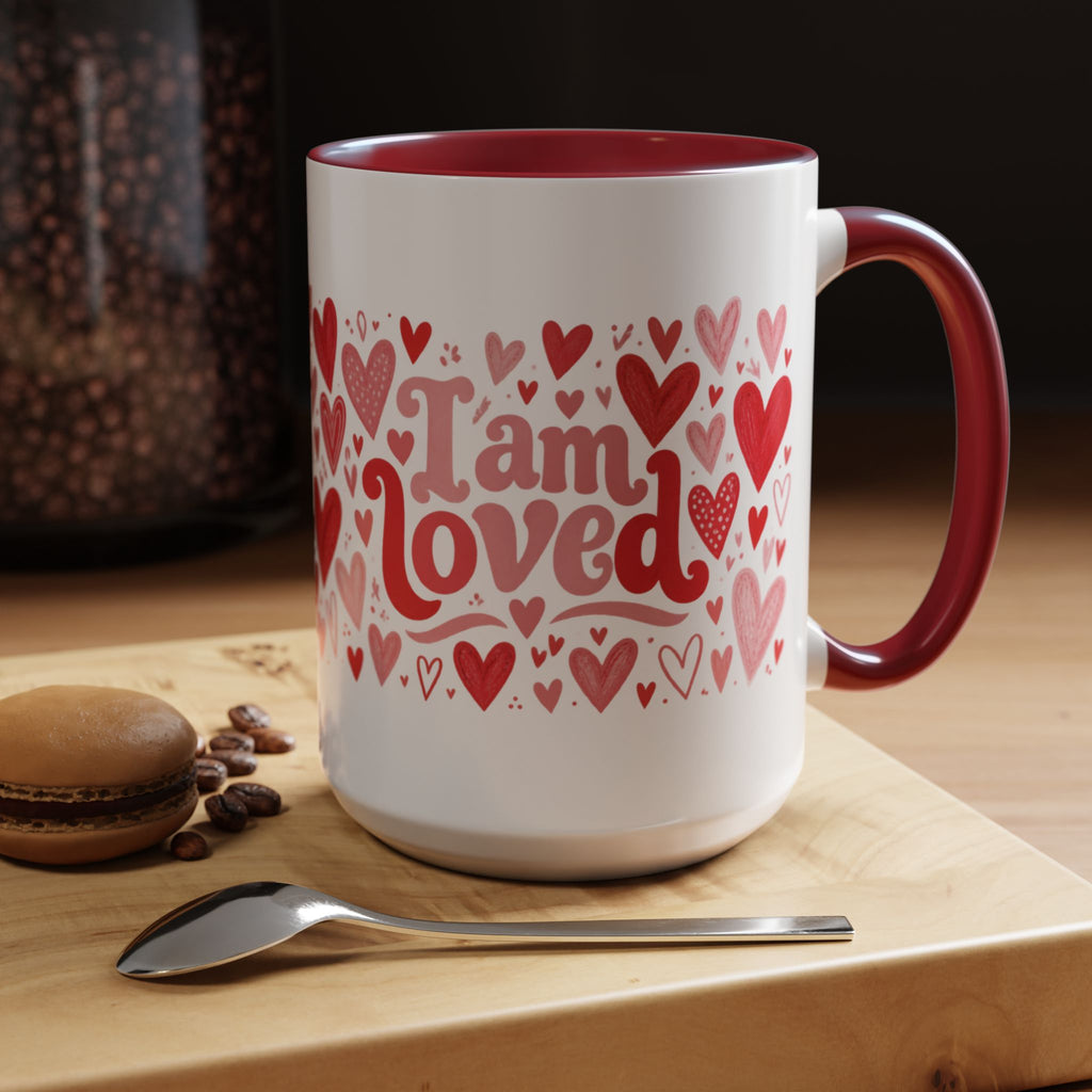 I Am Loved Heart Pattern Accent Coffee Mug – Valentine’s Day Gift