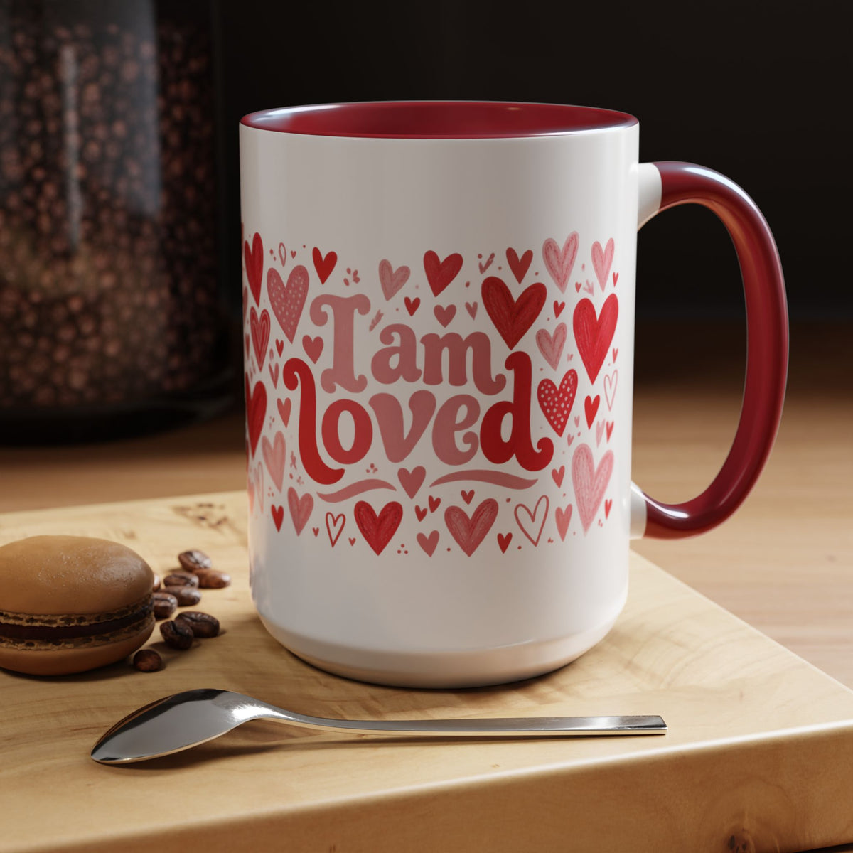 I Am Loved Heart Pattern Accent Coffee Mug – Valentine’s Day Gift