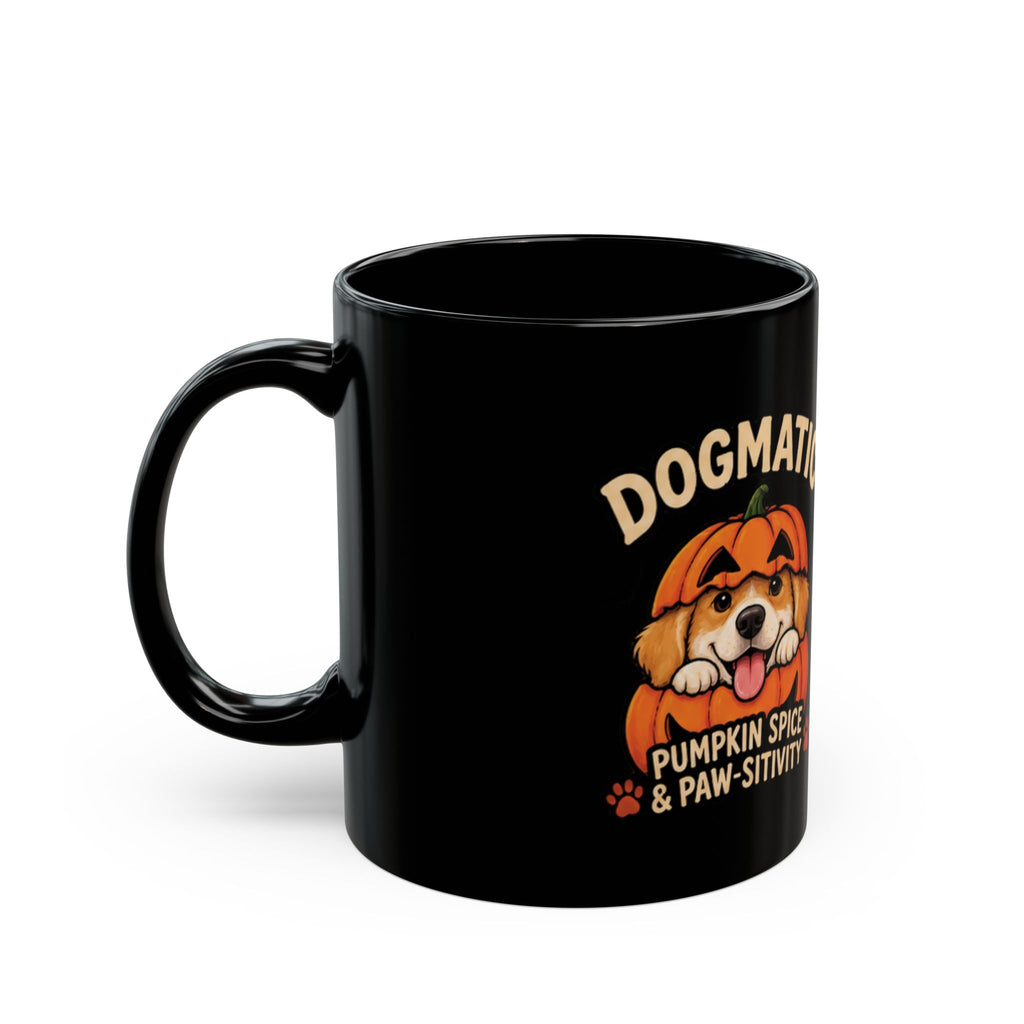 Dogmatic Pumpkin Spice Black Mug — Cute Pup Halloween Coffee Cup (11oz, 15oz)