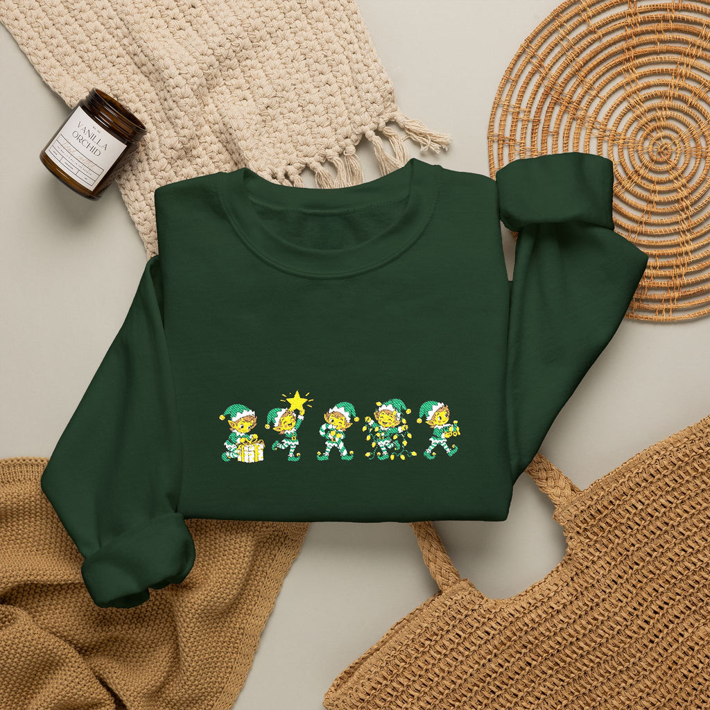 Embroidered Christmas Elves Sweatshirt, Unisex Christmas Tree Crewneck, Festive Gift