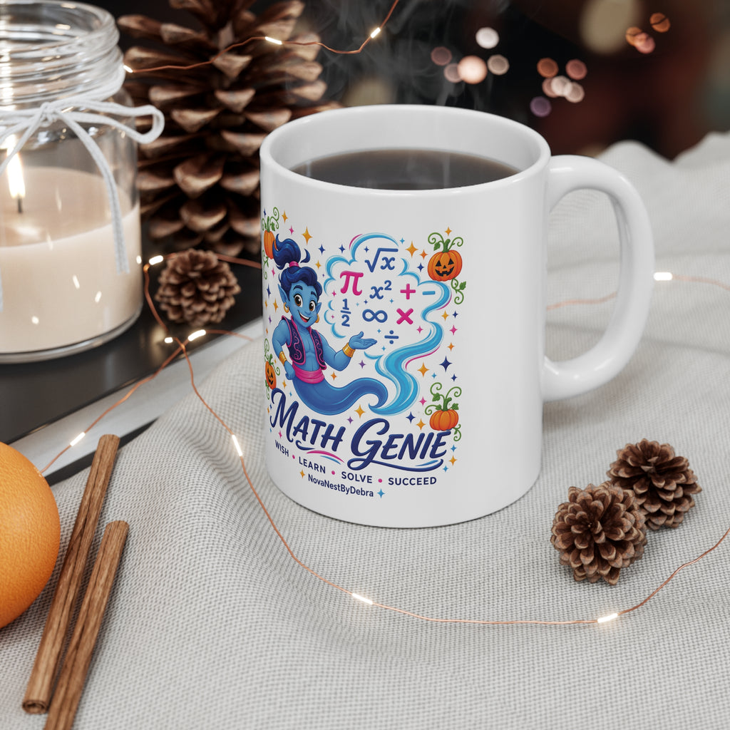 Math Genie Mug — Halloween Math Teacher Coffee Cup (Wish, Learn, Solve)